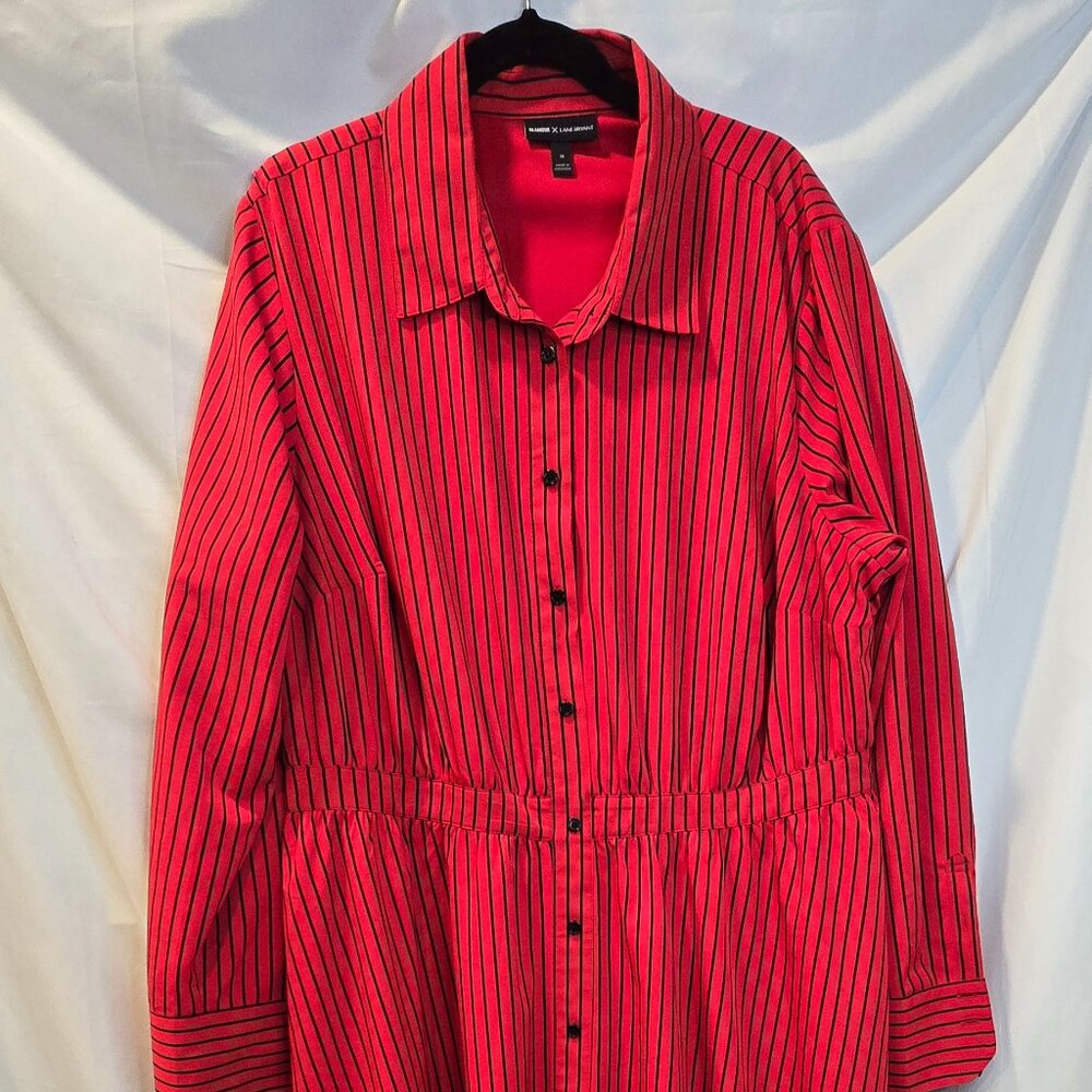 Glamour X Lane Bryant Button Up Dress 18 Red Black Pinstripe Elastic Waist